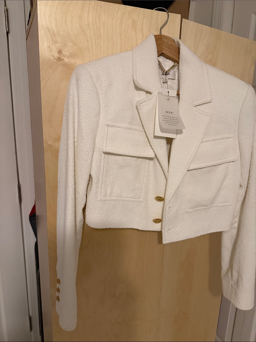 A.L.C. White Cropped Bouclé Blazer with Gold Buttons